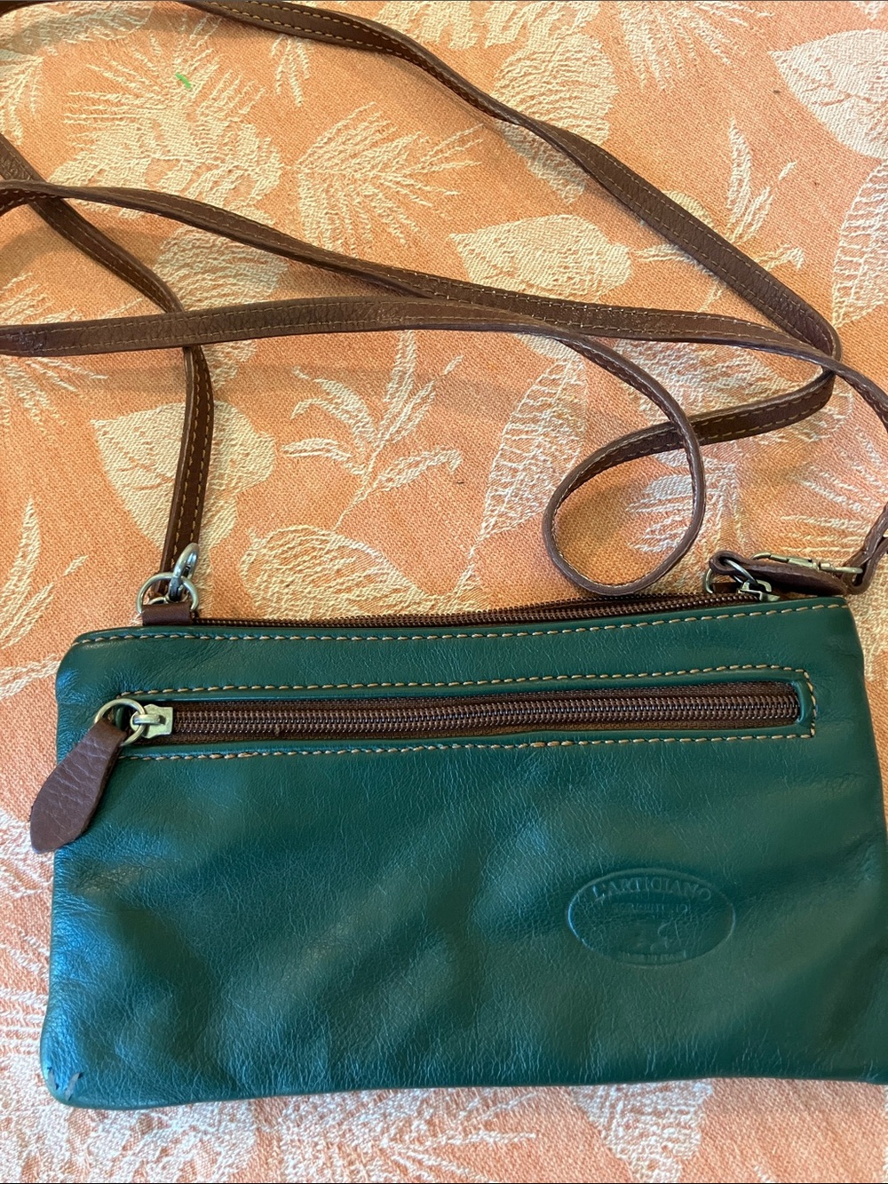 Green Leather Crossbody Bag with Brown Trim by Unknown Brand